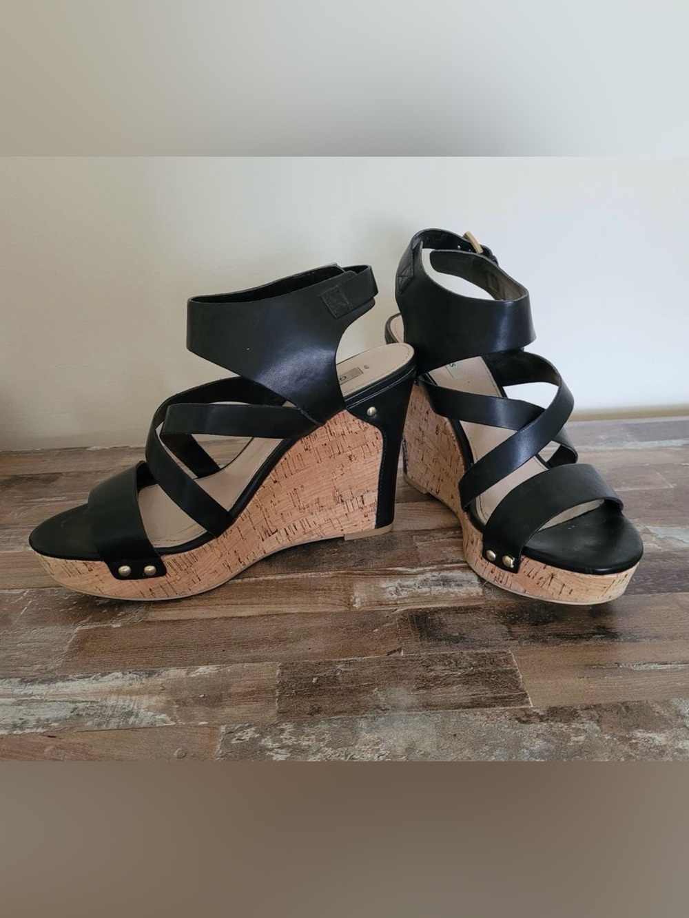 Guess Black Cork Wedge Sandals 10 grommets Leather #10
